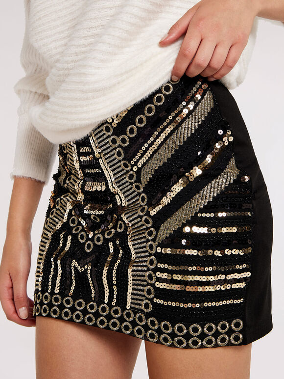Sequin Mini Skirt, Black, large