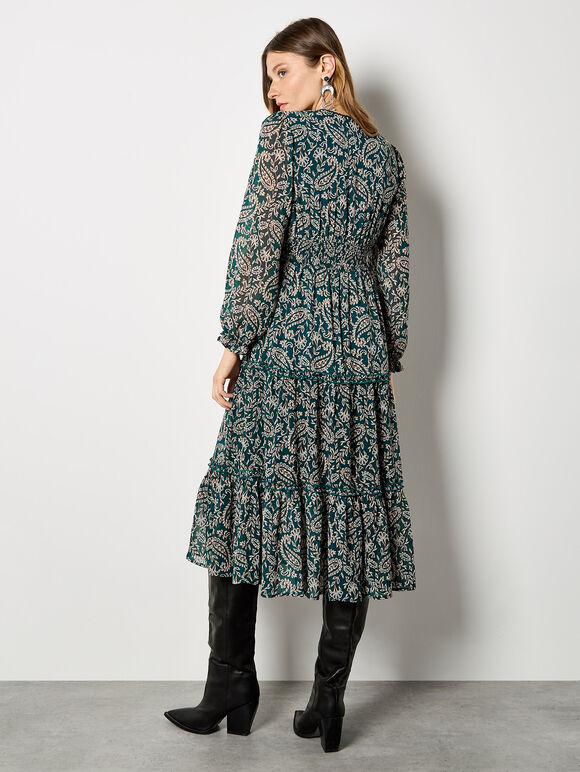 Paisley Print Chiffon Midi Dress, Green, large