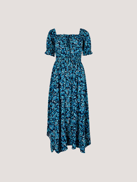 Sarasa Floral Milkmaid Midi Dress, Navy, large