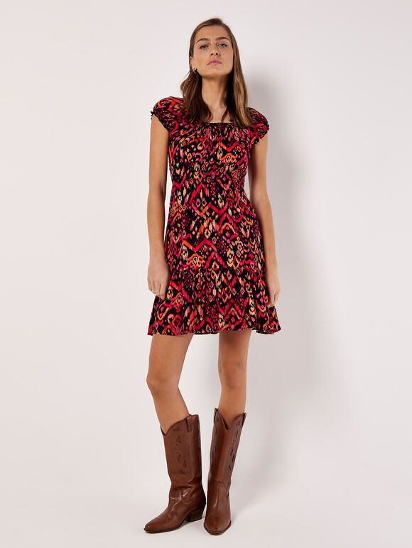 Colourful Ikat Milkmaid Mini Dress, Black, large