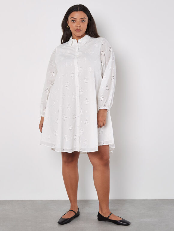 Curve Cotton Broderie Shirt Mini Dress, Cream, large