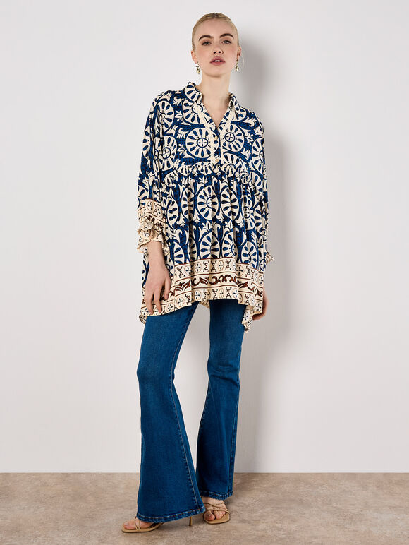 Block Print Oversized Shirt, Navy, large