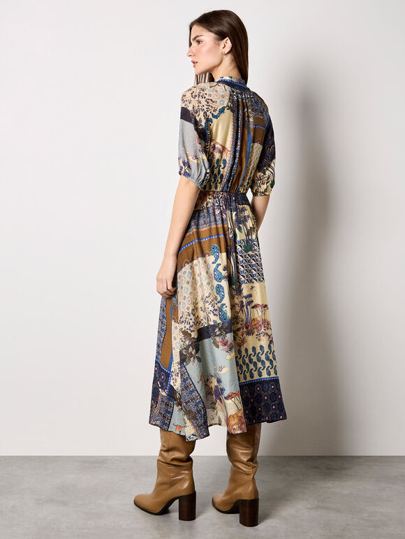 Patchwork Print Midi Dress, Navy, large