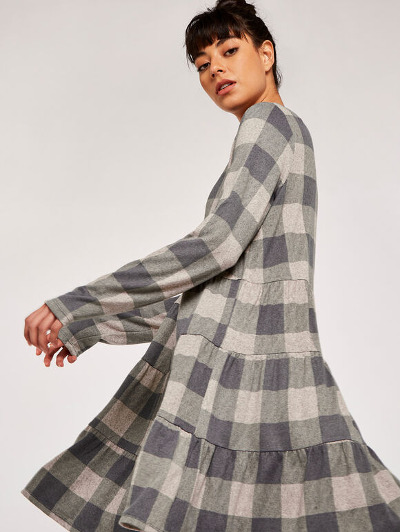 Check Print Cozy Tiered Dress, Grey, large