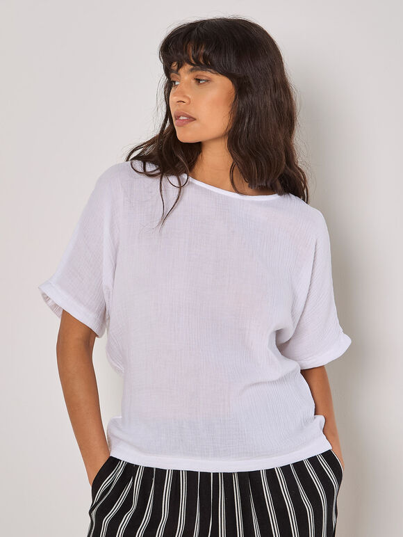 Textured Cotton Button Back T-Shirt, White, large