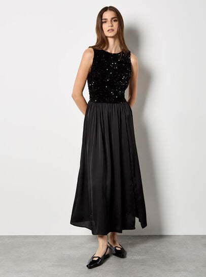 Velvet Sequin Bodice Midi Dress