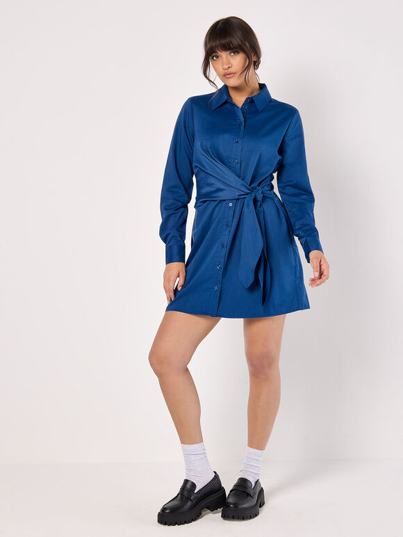 Tie Waist Shirt Mini Dress, Blue, large