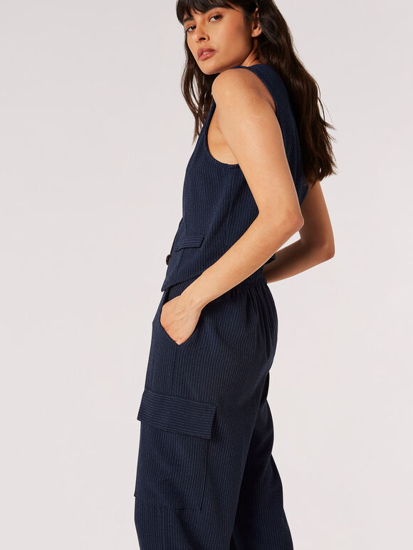 Textured Pinstripe Cargo Trousers, Navy, large