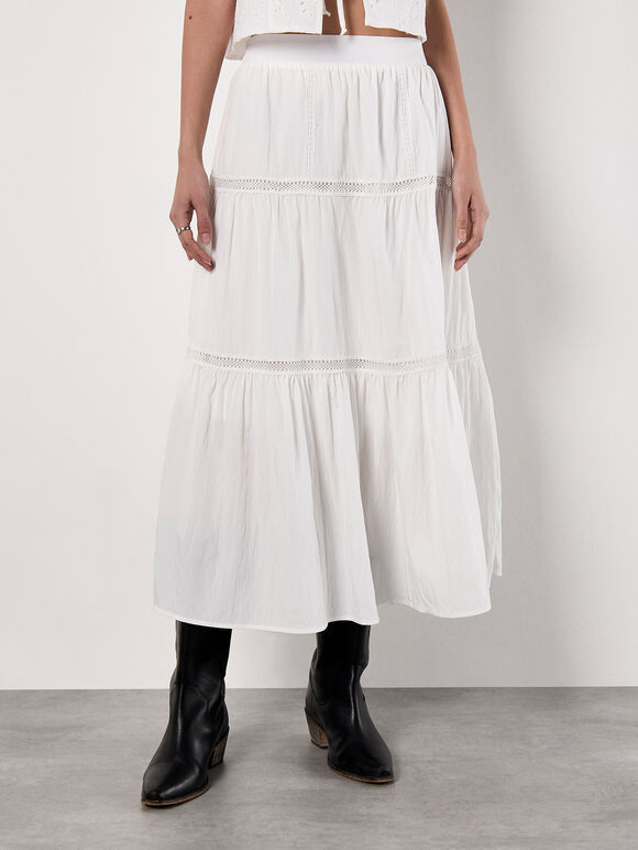 Crochet Lace Tiered Midi Skirt, White, large