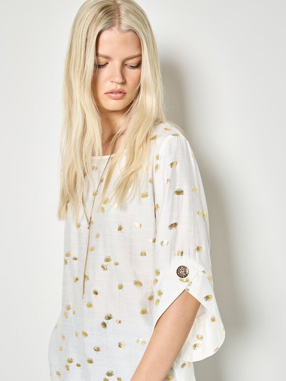 Gold Foil Fan Print Oversized Top, White, large