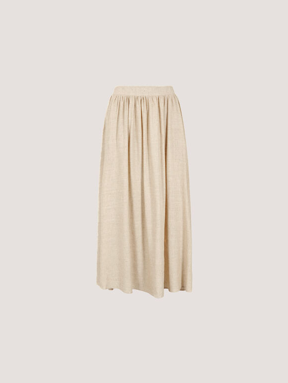 Linen Pleated Midi Skirt, Stone, large