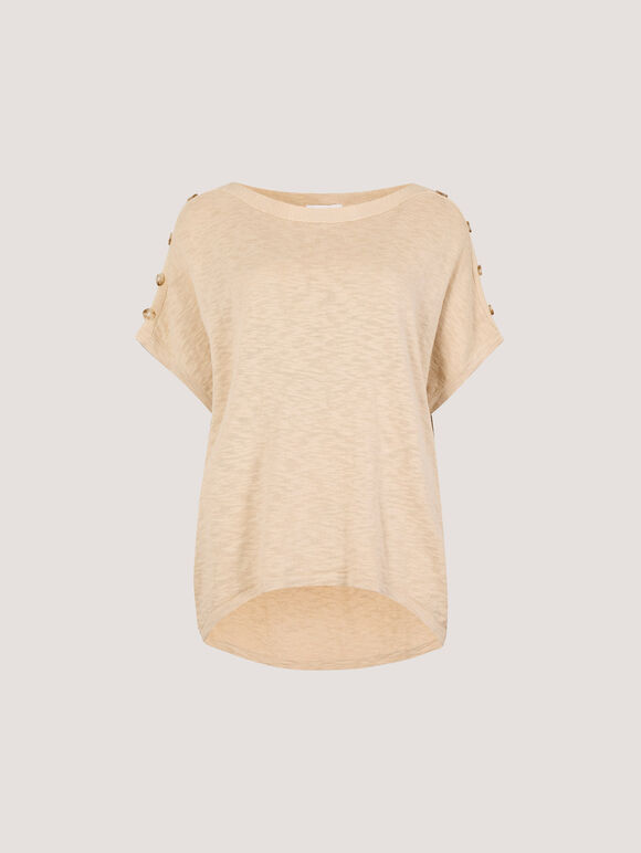 Button Detail Knitted Cotton T-Shirt, Stone, large