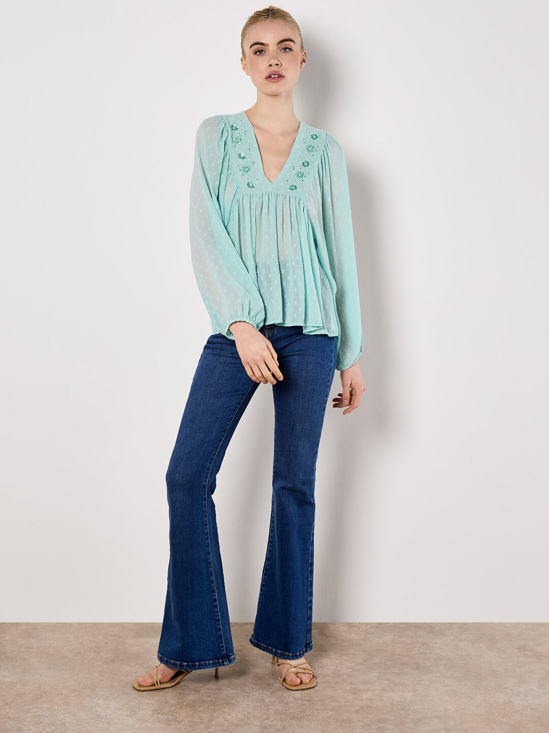 Image of Dobby Bead Embellished Empire Top