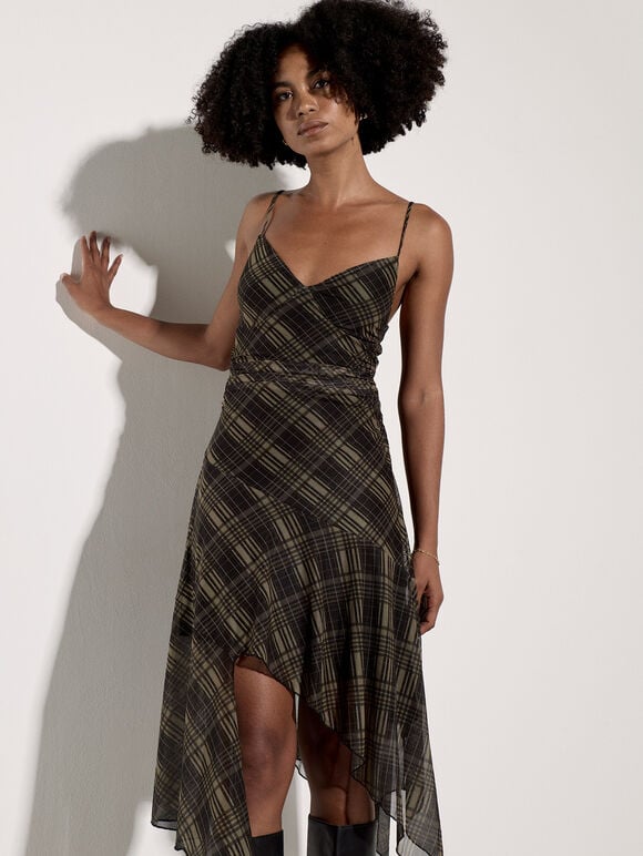 Check Mesh Cami Midi Dress, Black, large