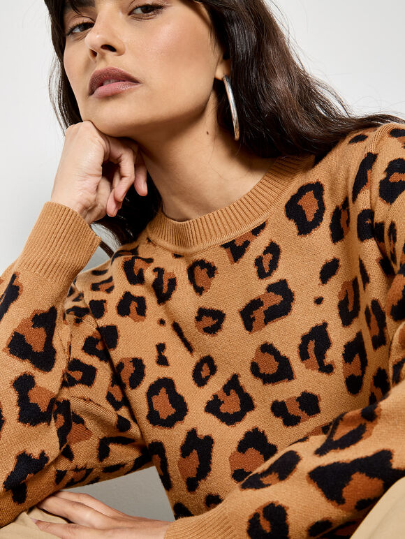 Leopard Print Soft Knit Jumper, Stone, large
