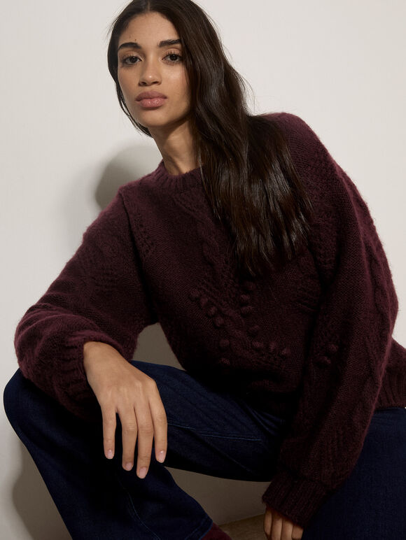 Brushed Bobble Cable Knit Jumper, Plum, large