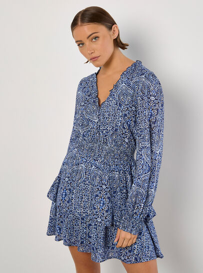 Batik Print Tiered Mini Dress