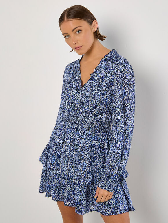 Batik Print Tiered Mini Dress, Navy, large