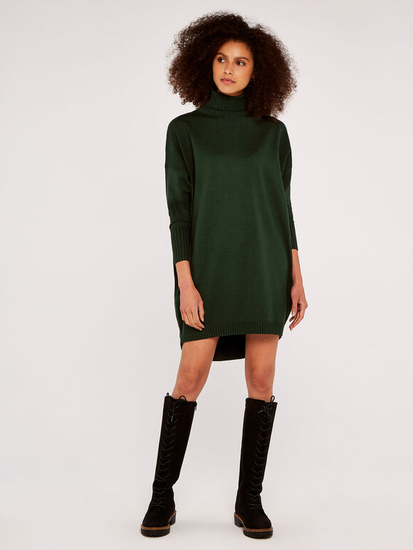Roll Neck Knit Jumper Dress, Green, large