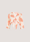 Tropical Leaf Tie Hem Crop Top, Cream, large