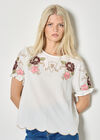 Floral Embroidered Ruffle Sleeve Cotton Top, White, large