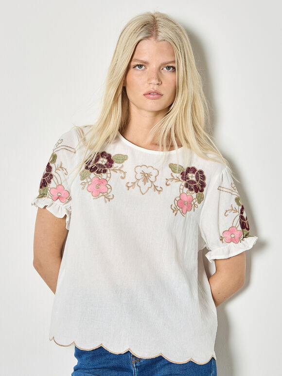 Floral Embroidered Ruffle Sleeve Cotton Top, White, large