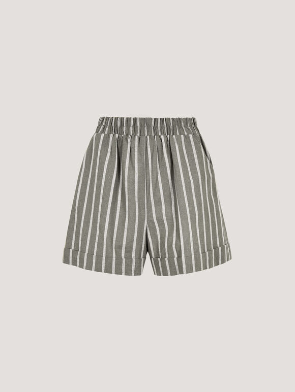 Linen Blend Stripe Shorts, Khaki, large