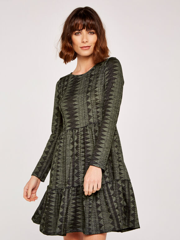 Soft Aztec Stripe Tiered Dress, Khaki, large
