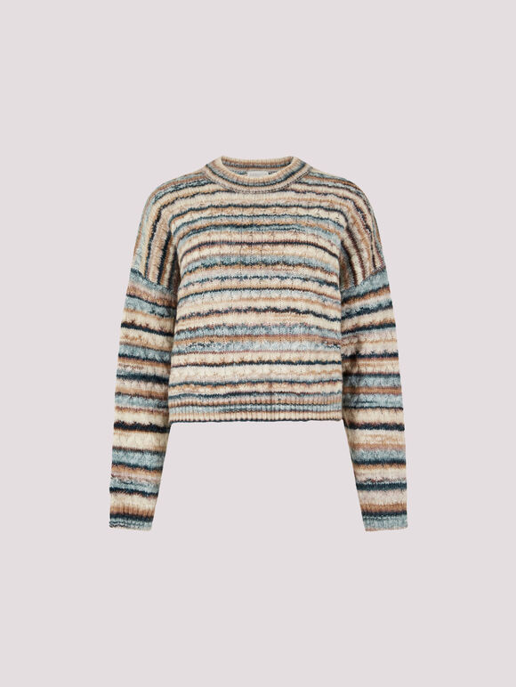 Multicoloured Stripe Aran Jumper, Teal, large