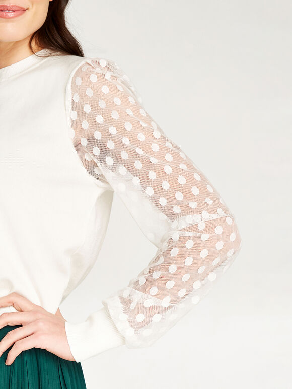 Polka Dot Mesh Sleeve Knit Jumper, Cream, large