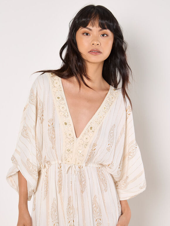 Gold Foil Paisley Midi Dress, Cream, large