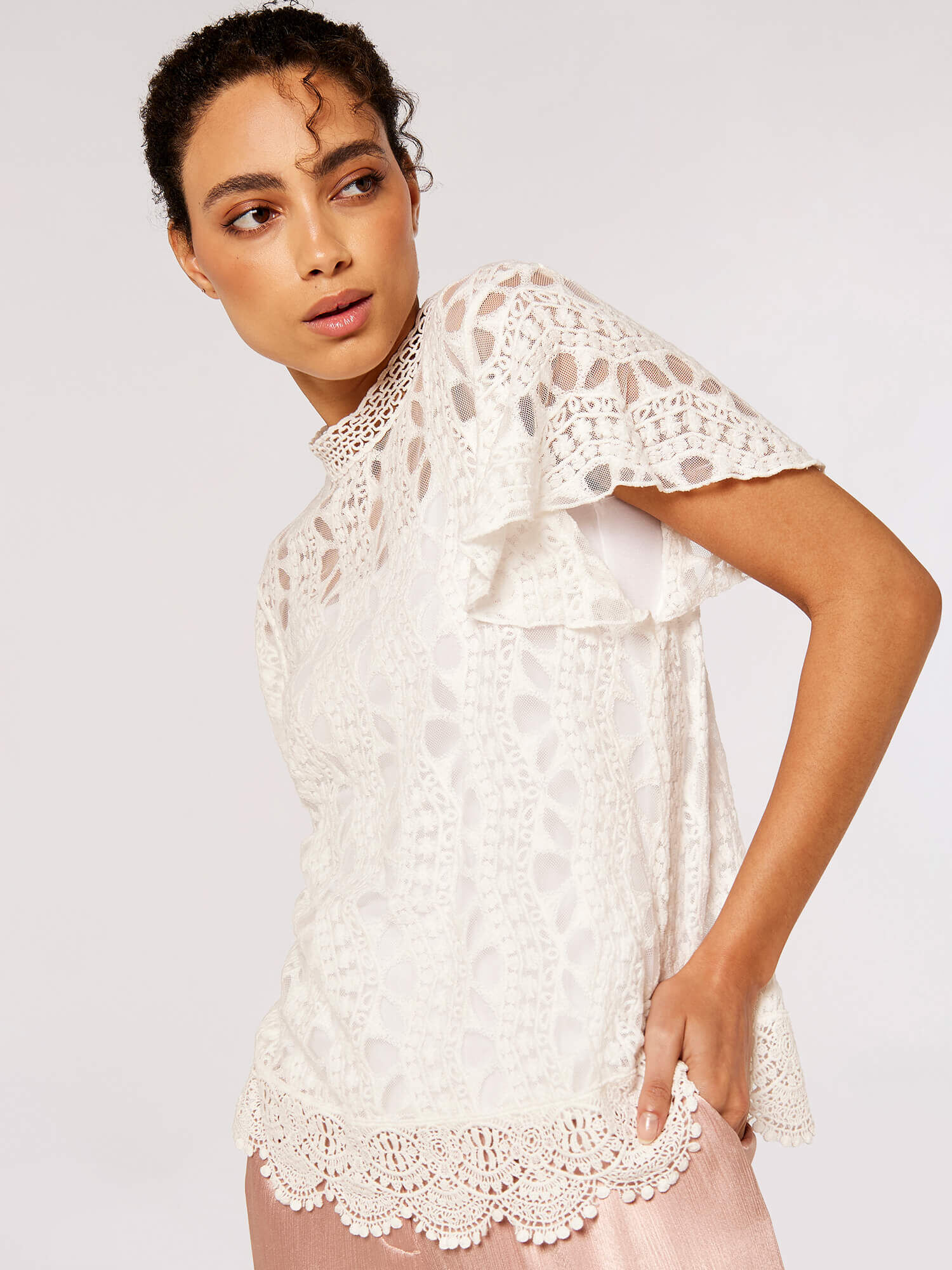 Embroidered High Neck Top Apricot Clothing
