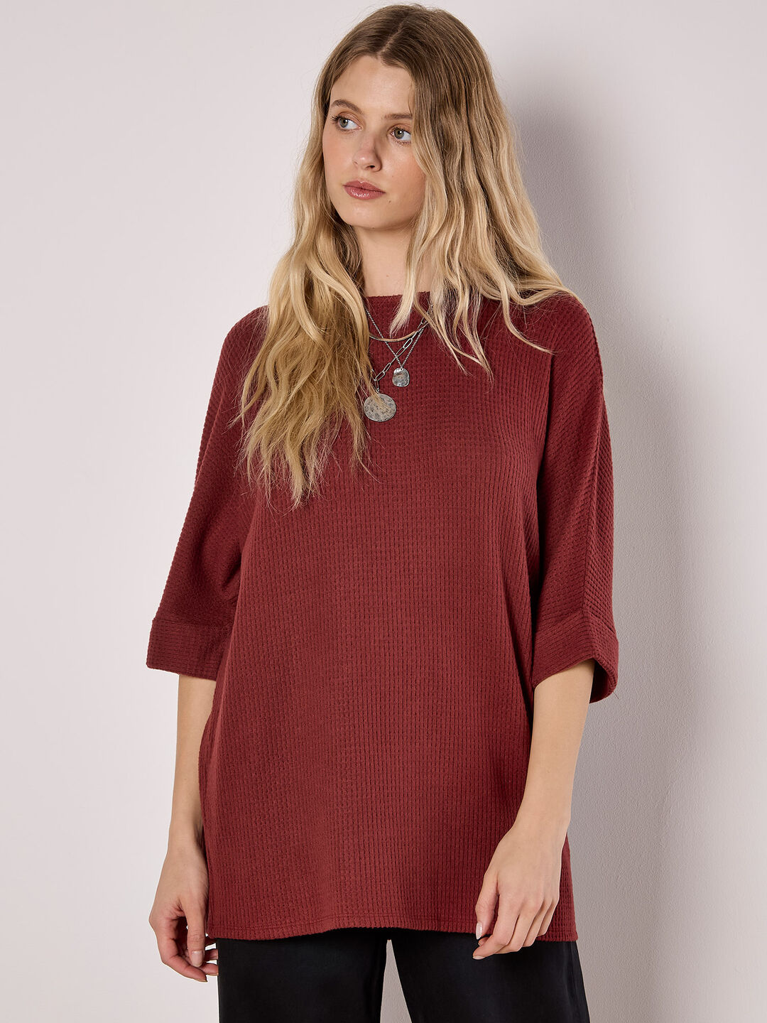 Soft-Touch Batwing Waffle Knit Top