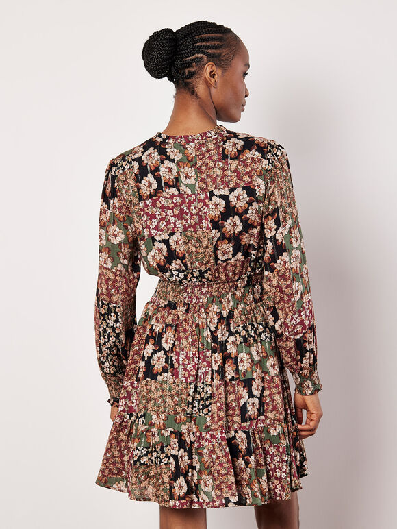 Patchwork Floral Shimmer Mini Dress, Green, large