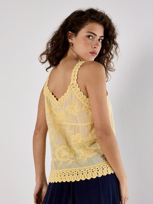 Floral Embroidery Crochet Cotton Top, Yellow, large