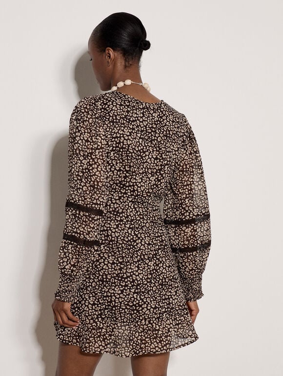 Leopard Print Chiffon Wrap Mini Dress, Brown, large