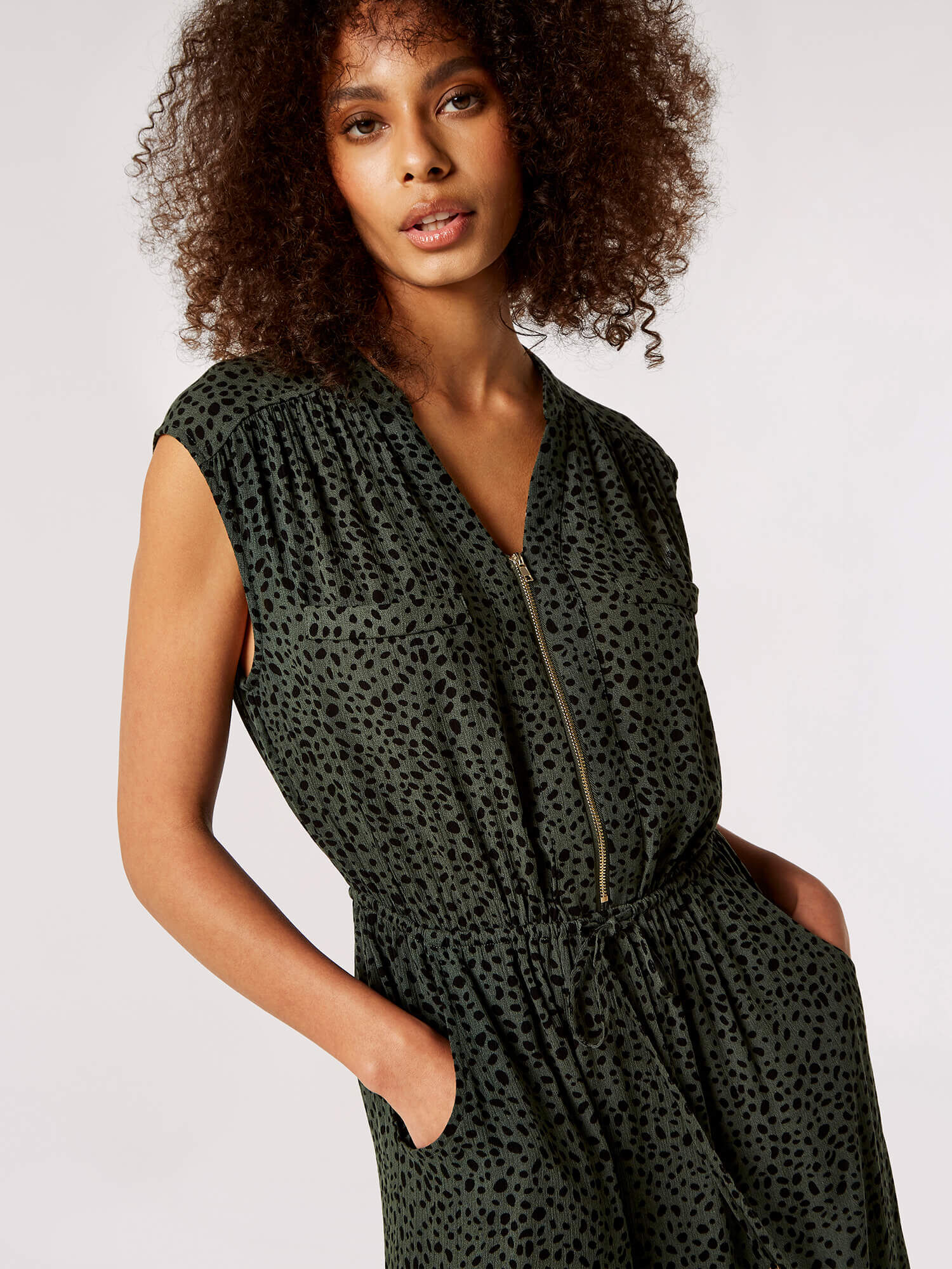 Irregular Dot Print Zip Maxi Dress Apricot Clothing