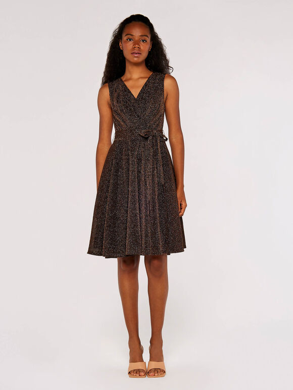 Metallic Pleat Skater Mini Dress, Brown, large
