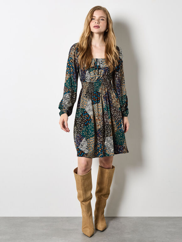 Patchwork Print Boho Mini Dress, Khaki, large