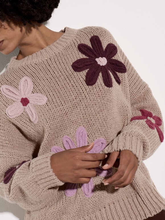 Embroidered Flower Jumper, Mocha, large