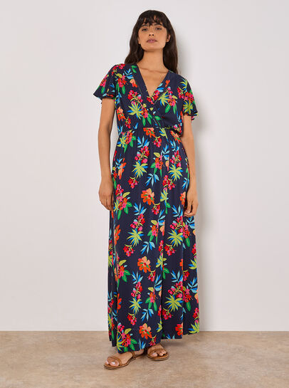 Tropical Print Wrap Maxi Dress