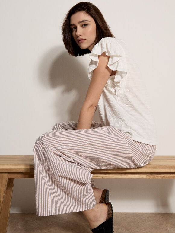 Ruffle Sleeve Textured T-Shirt, Cream, large