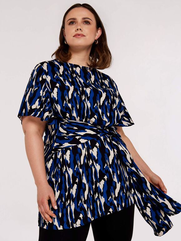 Curve Brushstroke Tie Waist Top, Blue, large