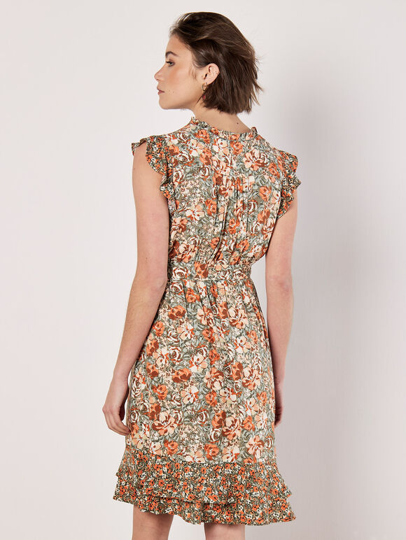 Ditsy Floral Ruffle Mini Dress, Khaki, large