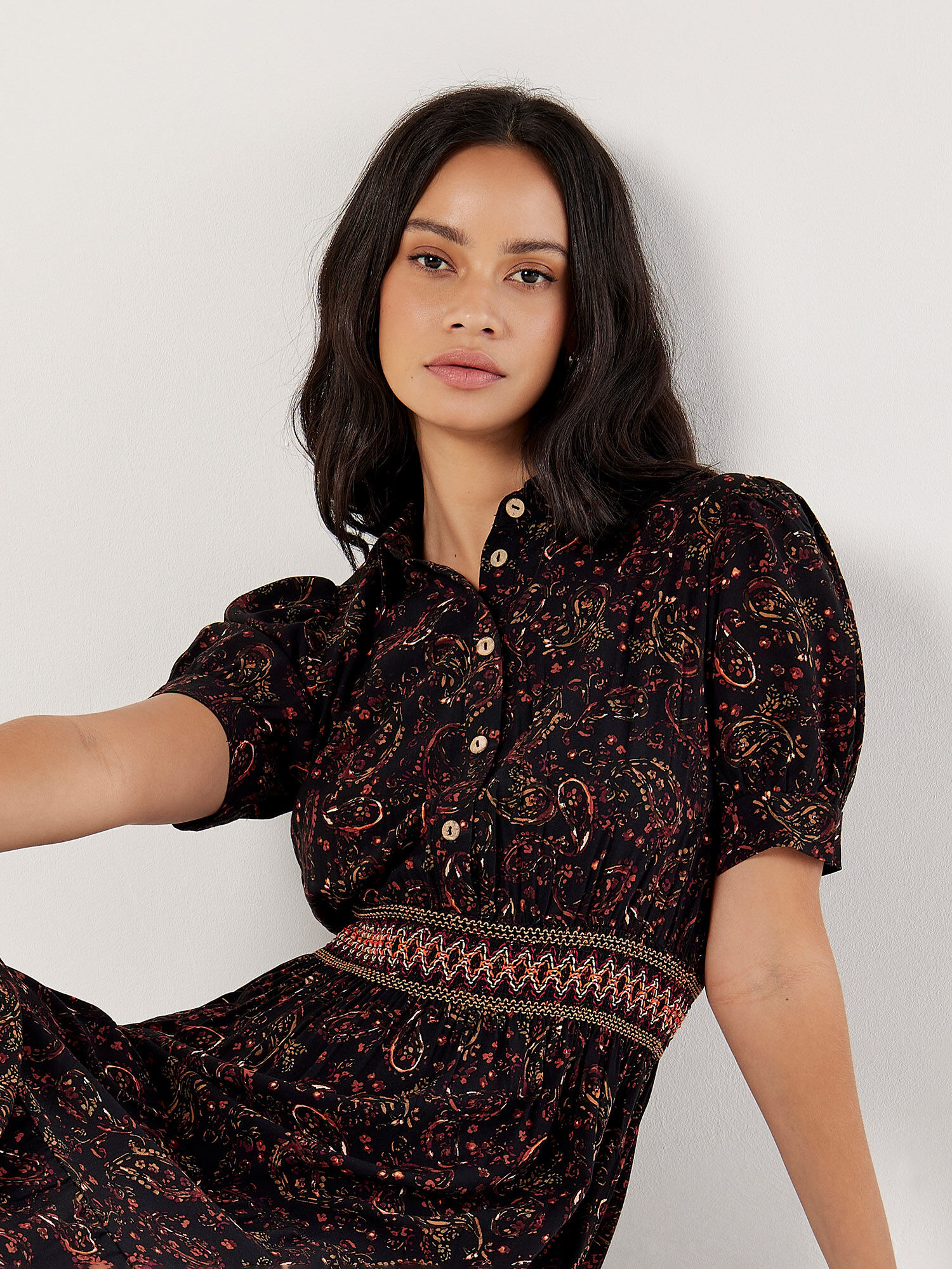 Paisley Shirt Midi Dress Apricot Clothing