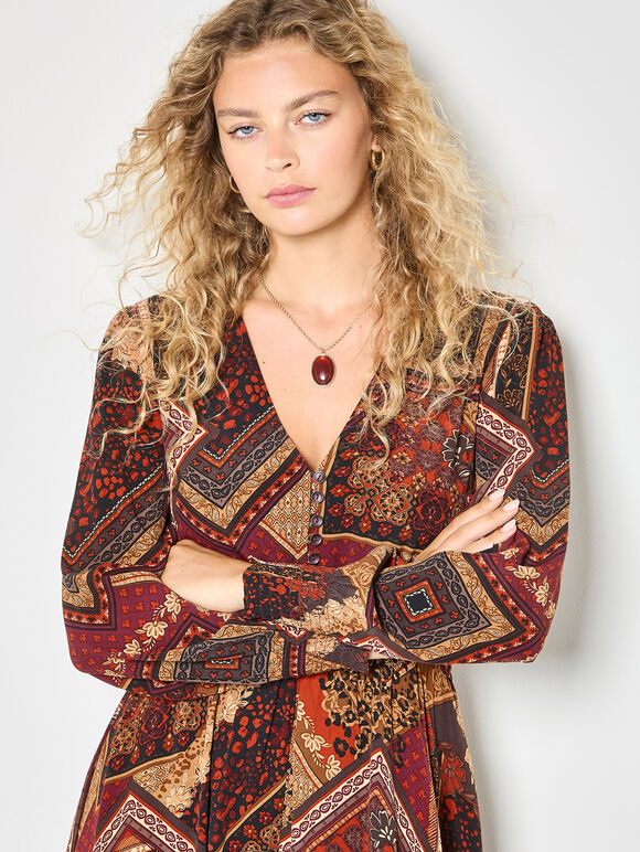 Patchwork Print Hanky Hem Midaxi Dress, Burgundy, large