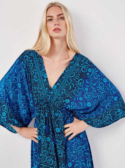 Floral Satin Kimono Kaftan Maxi Dress