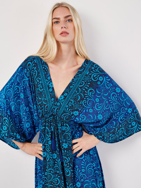 Floral Satin Kimono Maxi Dress, Navy, large