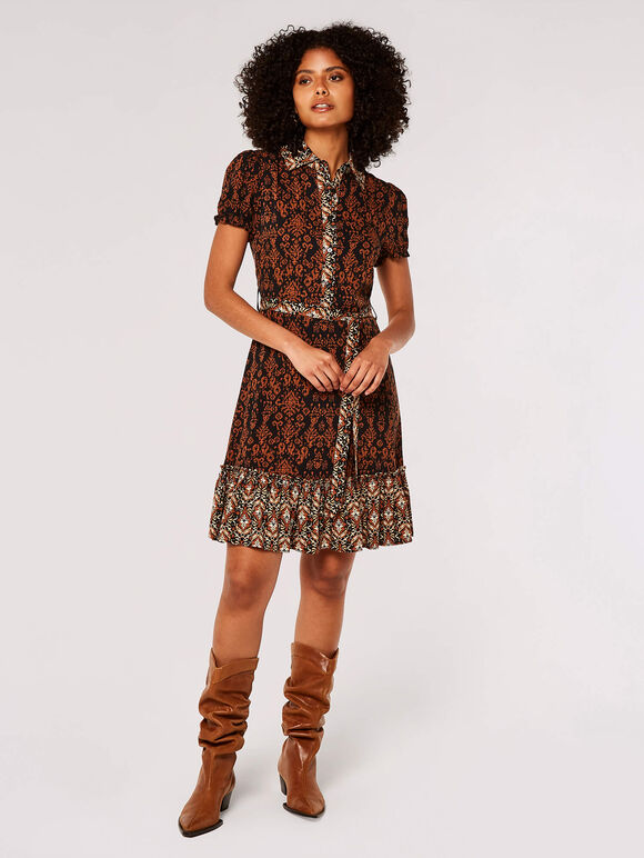 Ikat Tile Shirt Mini Dress, Rust, large