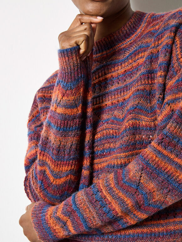 Pointelle Knit Stripe Jumper, Orange, large